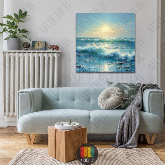 Luxury canvas wall art showing vibrant blue sea waves and a bright sun over the horizon, styled in a minimalist living room in Egypt.
