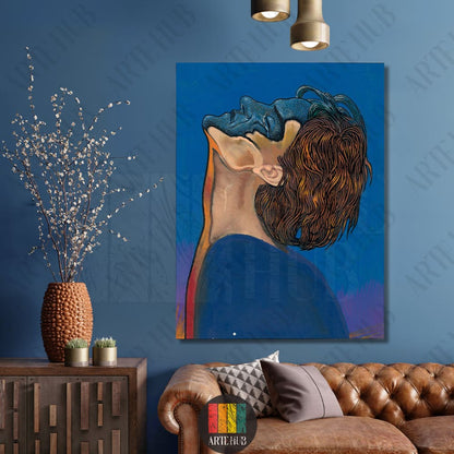 Surrealist modern canvas wall art featuring an abstract portrait in blue and orange tones, hanging in a luxury Egyptian living room.