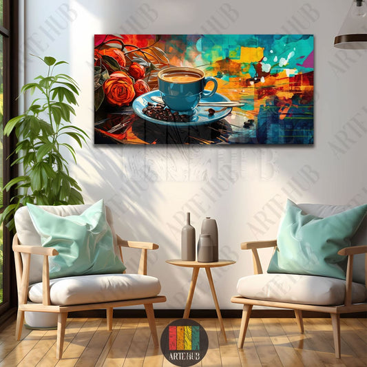 A vibrant abstract canvas wall art depicting a teal coffee cup on a saucer with scattered beans and red roses, set against a colorful expressive background.