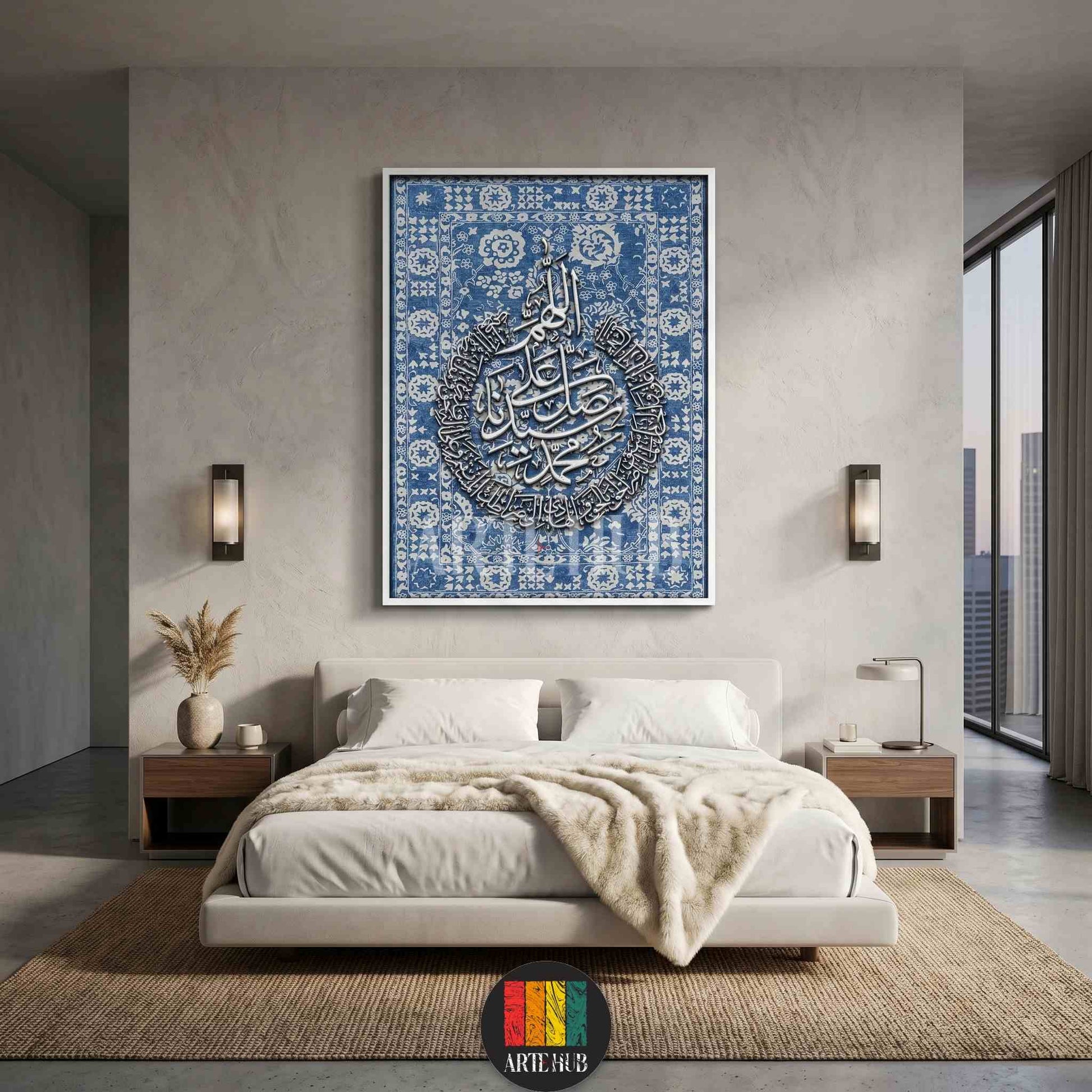 Modern Arabic calligraphy canvas wall art featuring Azure Salawat on a blue tapestry background in a luxury minimalist bedroom setting in Egypt.