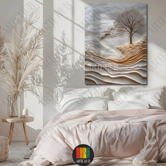 A luxury 3D-effect canvas wall art showing a minimalist tree on layered abstract ridges with a vibrant blue sun, styled in a modern bedroom in Egypt.