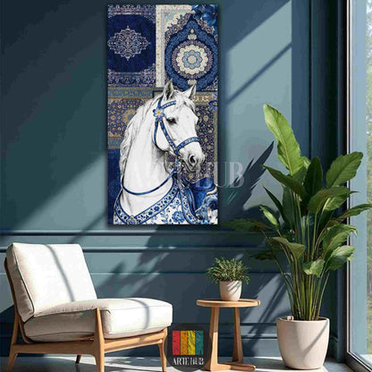 A majestic white horse portrait on a canvas wall art piece with intricate blue and white oriental rug patterns, perfect for luxury home decor in Egypt.