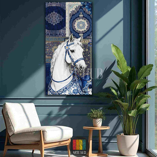 A majestic white horse portrait on a canvas wall art piece with intricate blue and white oriental rug patterns, perfect for luxury home decor in Egypt.