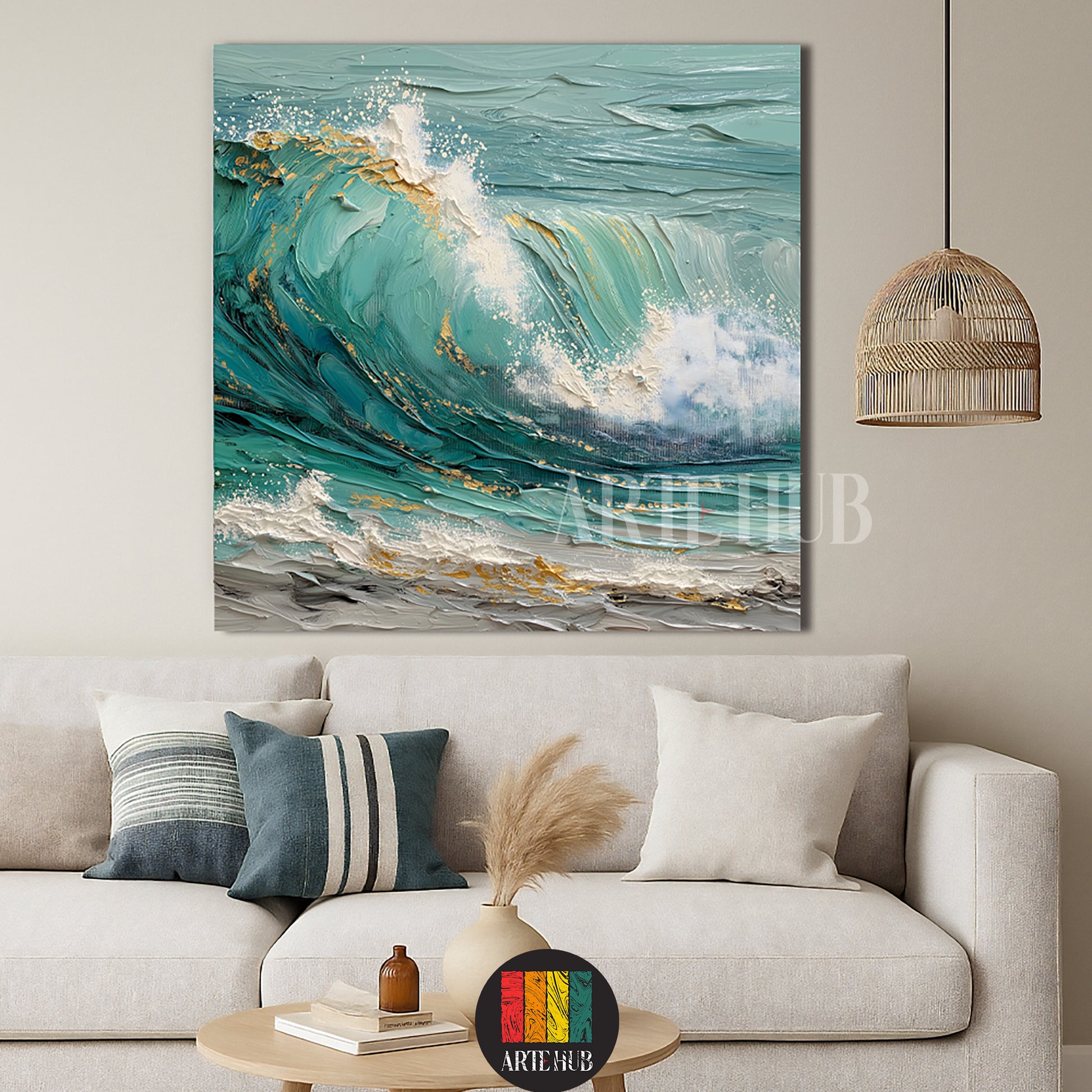Textured teal ocean wave canvas wall art with gold accents in a modern living room setting.