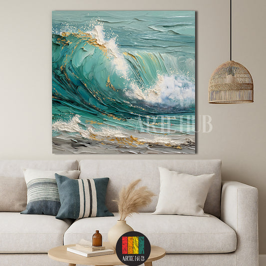 Textured teal ocean wave canvas wall art with gold accents in a modern living room setting.