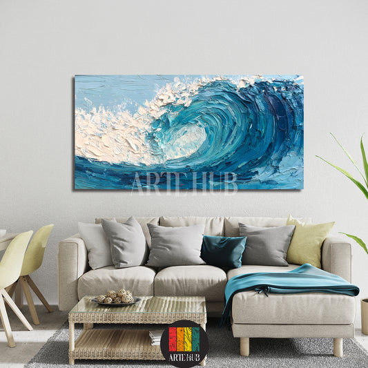 Hand-textured impasto blue ocean wave canvas wall art for a modern living room interior, luxury home decor in Egypt.