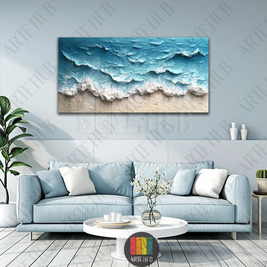Luxury 3D textured impasto style canvas wall art depicting crashing blue ocean waves on a sandy beach, perfect for modern coastal living room decor.