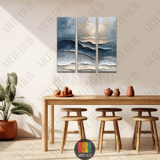 Set of two vertical abstract canvas wall art panels featuring textured blue and beige waves for modern luxury home decor in Egypt.