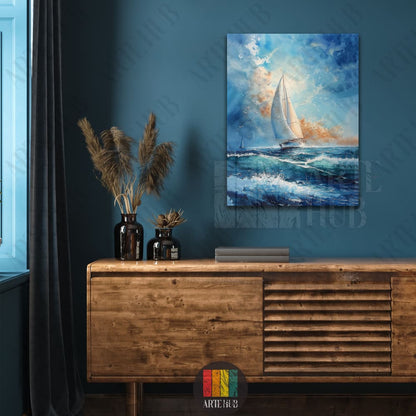 A premium watercolor style canvas wall art depicting a white sailboat on choppy blue sea waves with a golden sky, perfect for luxury home decor in Egypt.