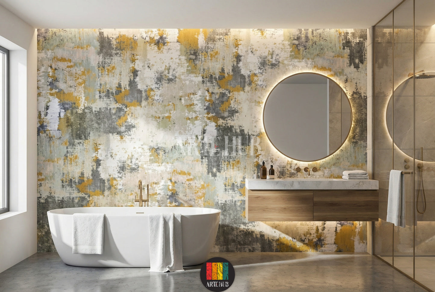 Detailed view of abstract distressed wallpaper in gold, grey, and white tones, enhancing a moderninterior in Egypt. Ideal for contemporary wall art.
صورة تفصيلية لورق حائط تجريدي بتصميم مميز بألوان ذهبية ورمادية وبيضاء، يزين غرفة نوم عصرية في مصر. مثالي لديكور حائط مودرن.
room: bathroom