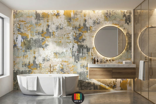 Detailed view of abstract distressed wallpaper in gold, grey, and white tones, enhancing a moderninterior in Egypt. Ideal for contemporary wall art.
صورة تفصيلية لورق حائط تجريدي بتصميم مميز بألوان ذهبية ورمادية وبيضاء، يزين غرفة نوم عصرية في مصر. مثالي لديكور حائط مودرن.
room: bathroom