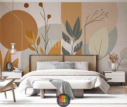 A modern bedroom featuring a serene abstract botanical wallpaper with earthy tones like terracotta, beige, and sage green, depicting large leaves and circular shapes. This elegant wall decor is perfect for contemporary Egyptian homes, adding a calm and sophisticated touch.
غرفة نوم عصرية تتميز بورق حائط نباتي مجرد وهادئ بألوان ترابية مثل الطوبي والبيج والأخضر الزيتي، يصور أوراق شجر كبيرة وأشكال دائرية. هذا الديكور الجداري الأنيق مثالي للمنازل المصرية الحديثة، ويضيف لمسة من الهدوء والرقي.
room: bedroom