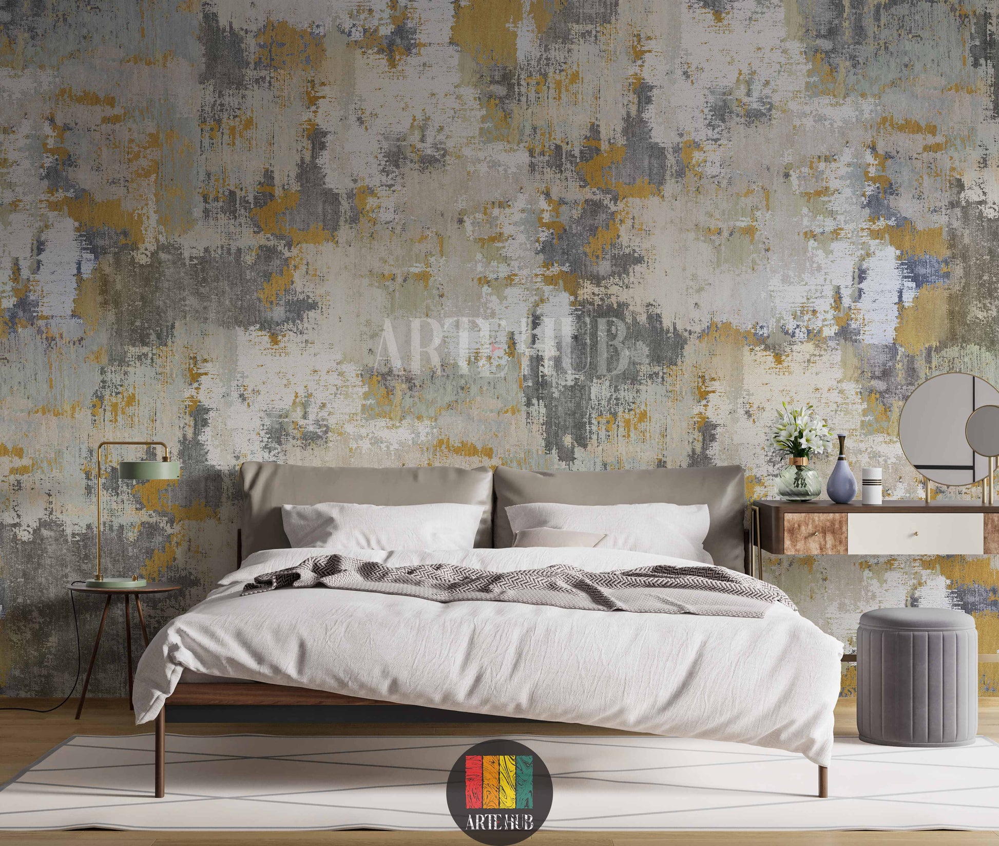 Detailed view of abstract distressed wallpaper in gold, grey, and white tones, enhancing a modern bedroom interior in Egypt. Ideal for contemporary wall art.
صورة تفصيلية لورق حائط تجريدي بتصميم مميز بألوان ذهبية ورمادية وبيضاء، يزين غرفة نوم عصرية في مصر. مثالي لديكور حائط مودرن.
room: bedroom
