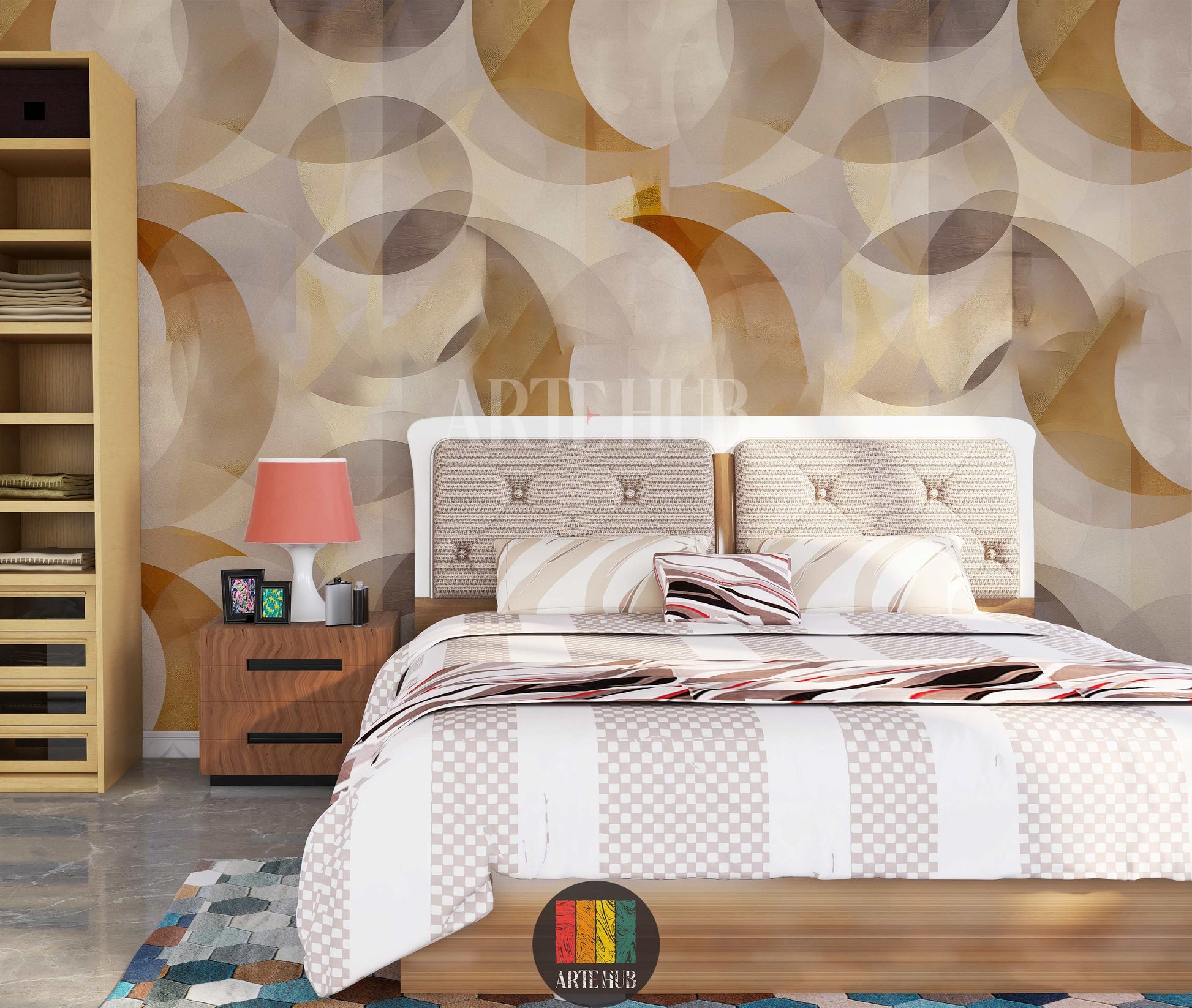 A contemporary  featuring a stunning geometric circles wallpaper in shades of beige, gold, and grey. The modern decor includes a wooden , light grey chairs, and a chandelier, ideal for stylish homes in Egypt.
غرفة طعام عصرية تظهر ورق حائط بتصميم دوائر هندسية بألوان البيج والذهبي والرمادي. الديكور يضم طاولة طعام خشبية، كراسي رمادية فاتحة، وثريا أنيقة، مثالي للمنازل الأنيقة في مصر.
room: bedroom