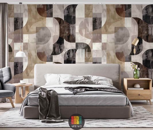 A living room featuring a modern geometric abstract wallpaper with interlocking arcs and squares in earthy tones of brown, beige, grey, and black, enhancing contemporary interior decor in Egypt. A white sofa, gold coffee table, and pampas grass complete the stylish setting.
غرفة معيشة حديثة تتميز بورق حائط بتصميم هندسي تجريدي بأقواس ومربعات متداخلة بألوان ترابية من البني والبيج والرمادي والأسود، مما يعزز الديكور الداخلي المعاصر في مصر. 
room: bedroom