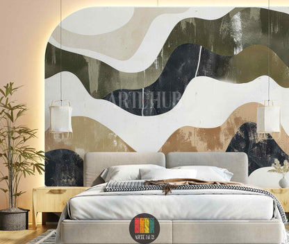 Full shot of a contemporary featuring a large statement wall covered in abstract wavy wallpaper. The design includes organic shapes in earthy tones of beige, cream, olive green, and deep blue-grey, creating a dynamic flow. A long wooden  with modern chairs, a chandelier, and a wooden console table with decor are also visible. Ideal for modern Egyptian interior design.
صورة كاملة لغرفة طعام عصرية تعرض جدارًا مميزًا مغطى بورق حائط بتصميم أمواج تجريدية. 
room: bedroom