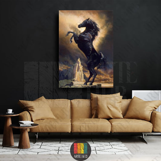 Elegant oil painting of a black horse rearing on a mountain peak with dramatic lighting, premium canvas wall art for luxury living room decor in Egypt.