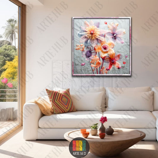 Vibrant layered floral canvas wall art with 3D texture in a modern living room setting, luxury wall decor for homes in Egypt.