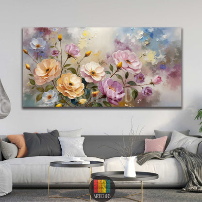 A horizontal luxury canvas wall art featuring a painterly floral arrangement of pink, peach, and purple blooms in a soft oil painting style.