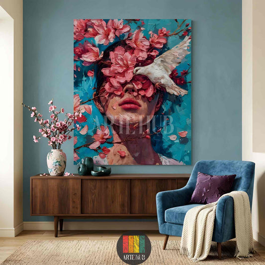 Modern canvas wall art featuring a woman's portrait with pink cherry blossoms and a white bird, luxury home decor for an Egyptian living room.