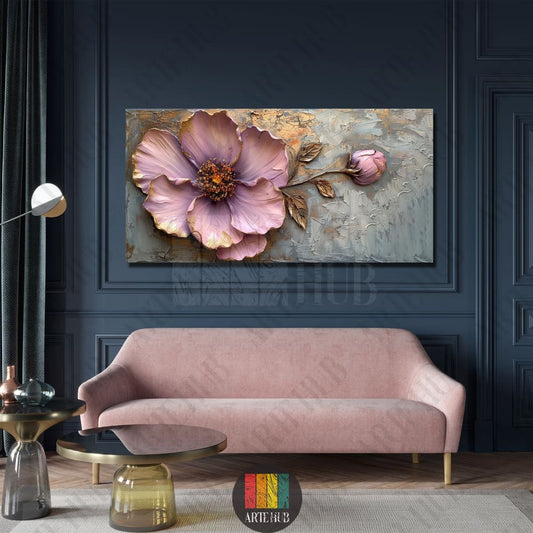 A premium 3D-effect pink floral canvas wall art featuring a large textured peony on a metallic background, styled in a luxury living room in Egypt.