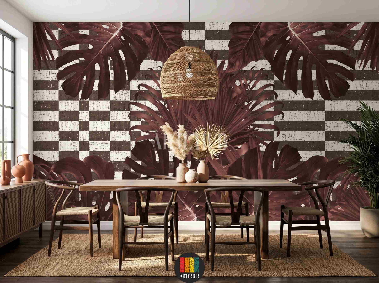 A luxurious dining room featuring a custom wallpaper with large burgundy monstera leaves over a rustic black and white checkered pattern.
room: dining room