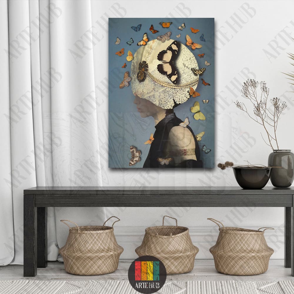 Surreal canvas wall art featuring a woman's silhouette with a lace-covered sphere head surrounded by vibrant butterflies in a modern Egyptian interior.