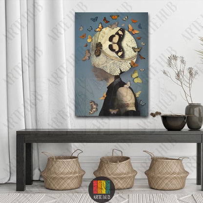 Surreal canvas wall art featuring a woman's silhouette with a lace-covered sphere head surrounded by vibrant butterflies in a modern Egyptian interior.