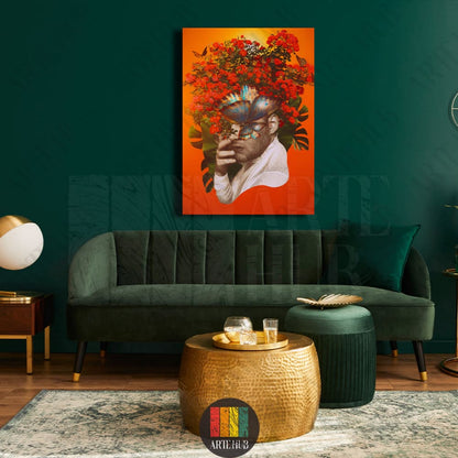 A surrealist canvas wall art piece featuring a man's portrait with vibrant red flowers and a blue butterfly over his face against an orange background.