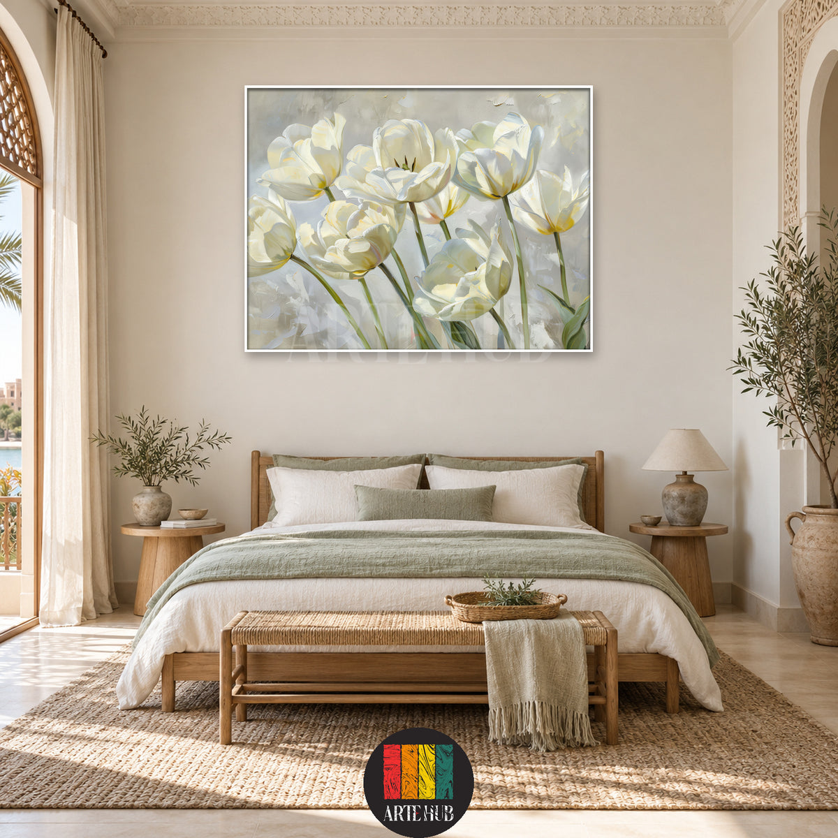 Ivory Reverie — white flowers with green stems on a soft grey background, canvas wall art in a bedroom, Artehub Egypt.