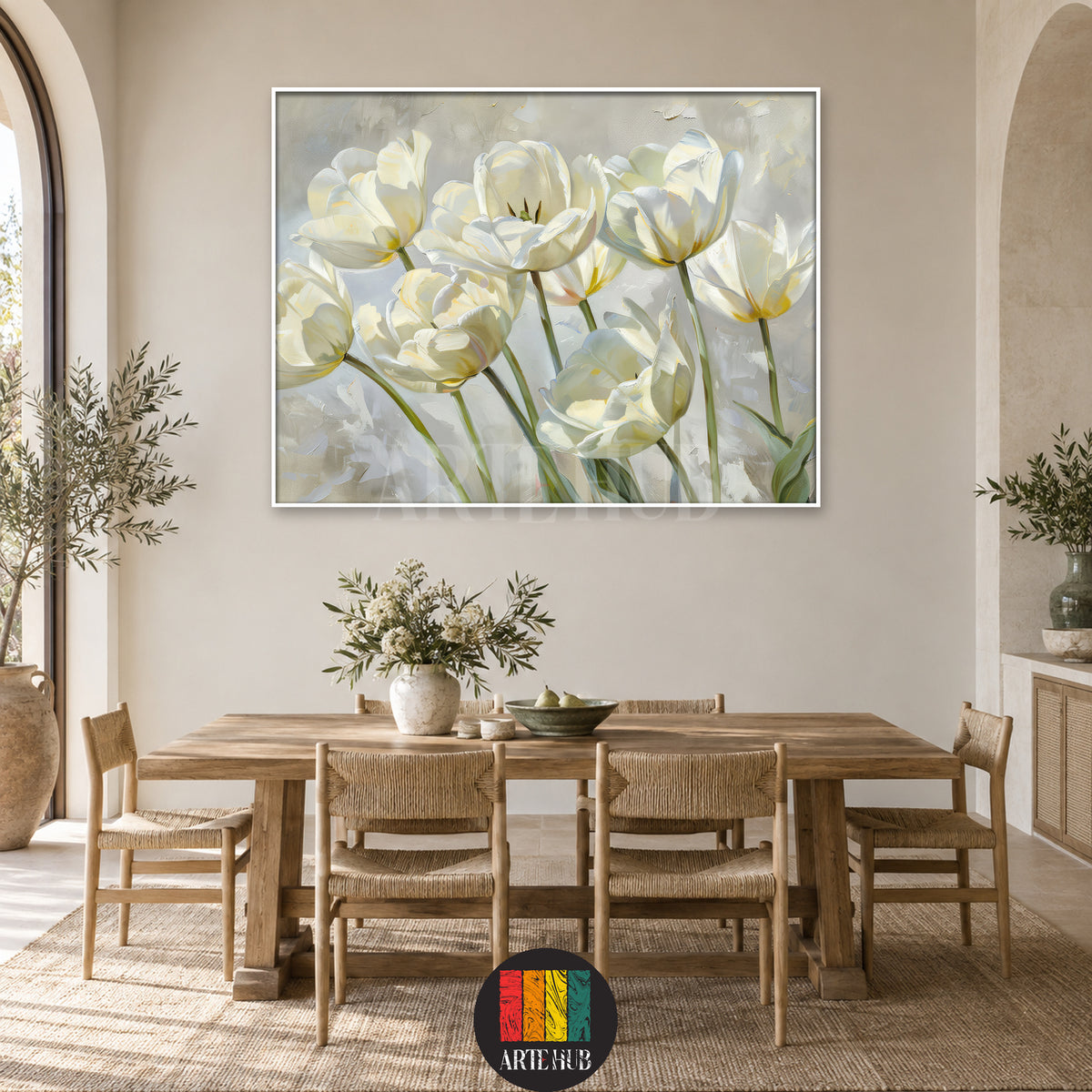 Ivory Reverie — white flowers with green stems on a soft grey background, canvas wall art in a dining room, Artehub Egypt.