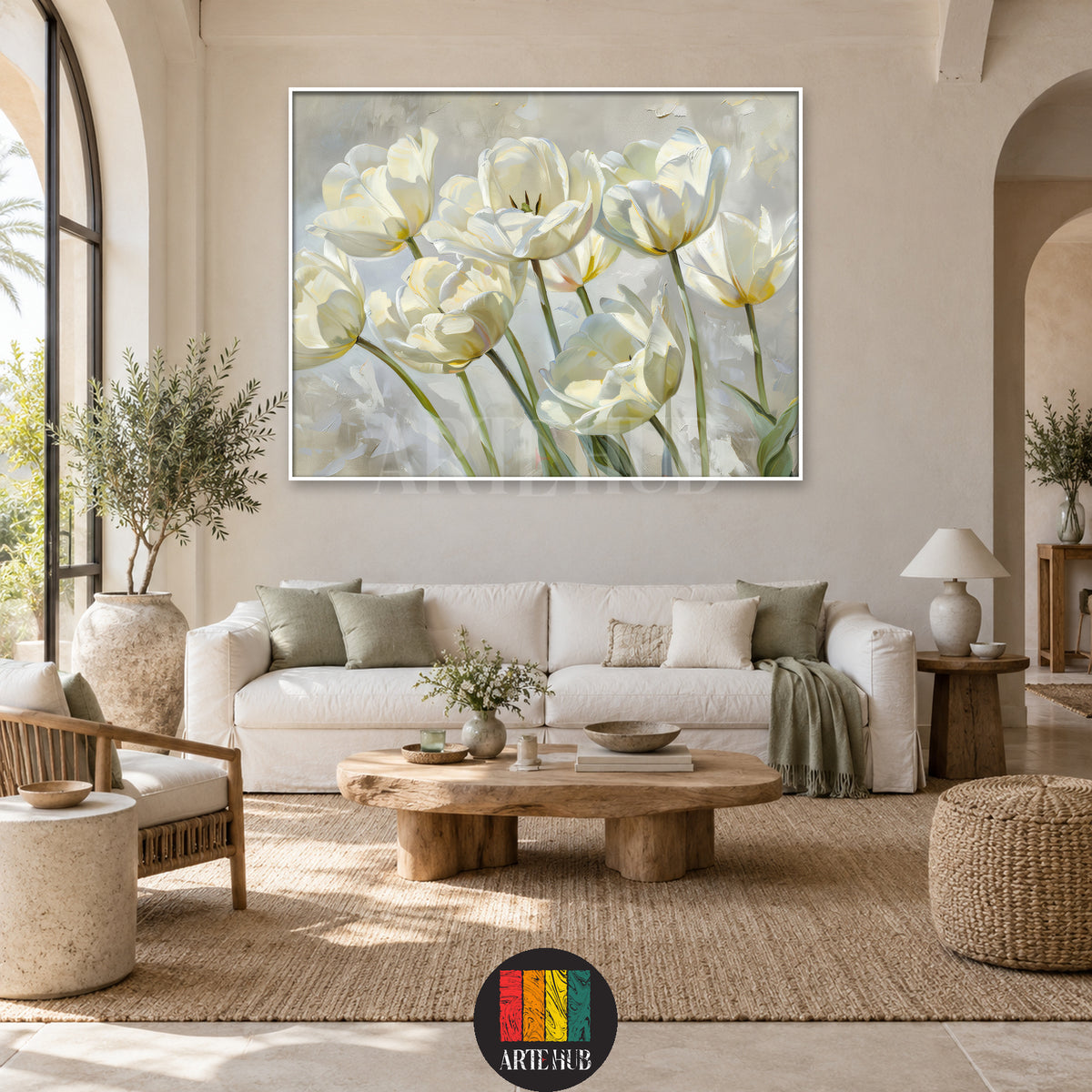 Ivory Reverie — white flowers with green stems on a soft grey background, canvas wall art in a living room, Artehub Egypt.
