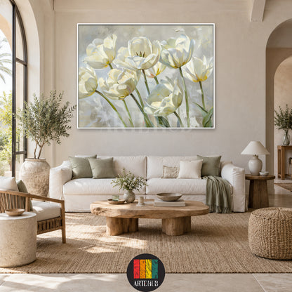 Ivory Reverie — white flowers with green stems on a soft grey background, canvas wall art in a living room, Artehub Egypt.