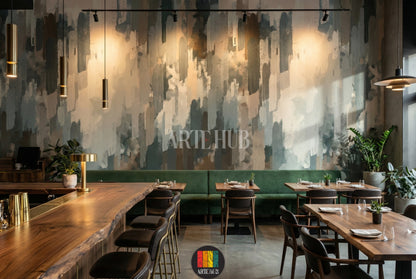 Full view of a modern bedroom with an abstract brushstroke wallpaper in muted green, blue, brown, and beige tones, creating a stylish focal point for homes in Egypt.
صورة كاملة لغرفة نوم مودرن مع ورق حائط بتصميم فرشاة تجريدي بألوان هادئة من الأخضر والأزرق والبني والبيج، لمسة عصرية لديكورات المنازل في مصر.
room: cafe