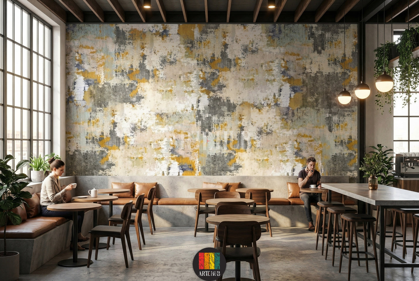 Detailed view of abstract distressed wallpaper in gold, grey, and white tones, enhancing a modern bedroom interior in Egypt. Ideal for contemporary wall art.
صورة تفصيلية لورق حائط تجريدي بتصميم مميز بألوان ذهبية ورمادية وبيضاء، يزين غرفة نوم عصرية في مصر. مثالي لديكور حائط مودرن.
room: cafe