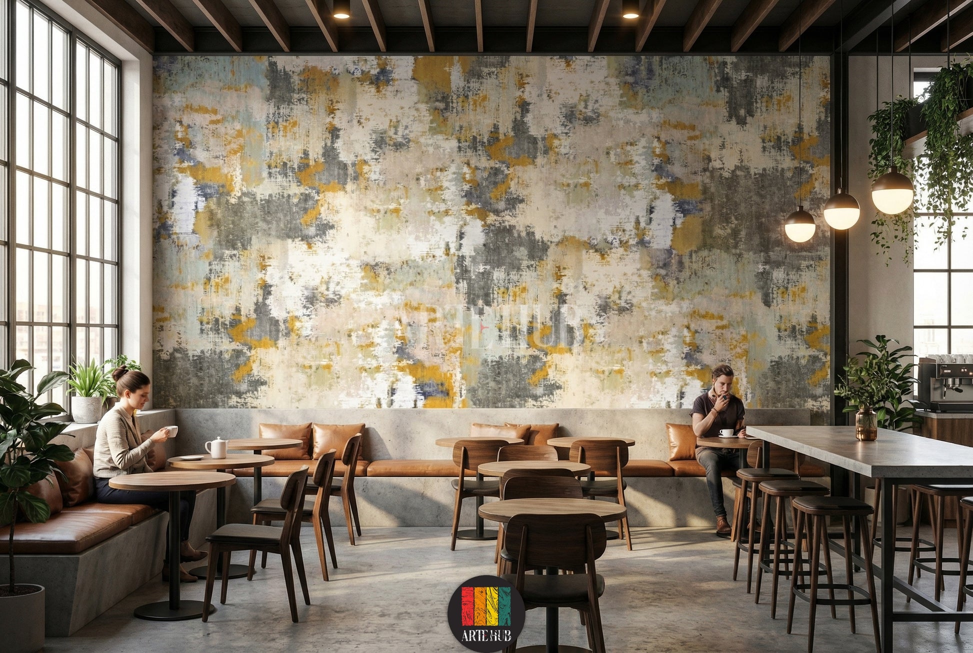 Detailed view of abstract distressed wallpaper in gold, grey, and white tones, enhancing a modern bedroom interior in Egypt. Ideal for contemporary wall art.
صورة تفصيلية لورق حائط تجريدي بتصميم مميز بألوان ذهبية ورمادية وبيضاء، يزين غرفة نوم عصرية في مصر. مثالي لديكور حائط مودرن.
room: cafe