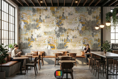 Detailed view of abstract distressed wallpaper in gold, grey, and white tones, enhancing a modern bedroom interior in Egypt. Ideal for contemporary wall art.
صورة تفصيلية لورق حائط تجريدي بتصميم مميز بألوان ذهبية ورمادية وبيضاء، يزين غرفة نوم عصرية في مصر. مثالي لديكور حائط مودرن.
room: cafe