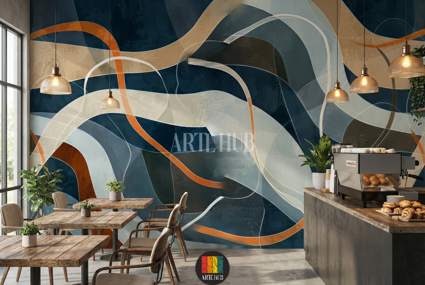 A modern bedroom featuring a large abstract wallpaper with flowing, curved lines in shades of dark blue, beige, grey, brown, and orange. This contemporary wall art is ideal for stylish homes in Egypt.
غرفة نوم عصرية تحتوي على ورق حائط كبير بتصميم تجريدي يتميز بخطوط منحنية وأمواج بألوان الأزرق الداكن والبيج والرمادي والبني والبرتقالي. هذا الديكور الجداري العصري مثالي للمنازل الأنيقة في مصر.
room: cafe