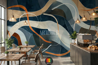 A modern bedroom featuring a large abstract wallpaper with flowing, curved lines in shades of dark blue, beige, grey, brown, and orange. This contemporary wall art is ideal for stylish homes in Egypt.
غرفة نوم عصرية تحتوي على ورق حائط كبير بتصميم تجريدي يتميز بخطوط منحنية وأمواج بألوان الأزرق الداكن والبيج والرمادي والبني والبرتقالي. هذا الديكور الجداري العصري مثالي للمنازل الأنيقة في مصر.
room: cafe