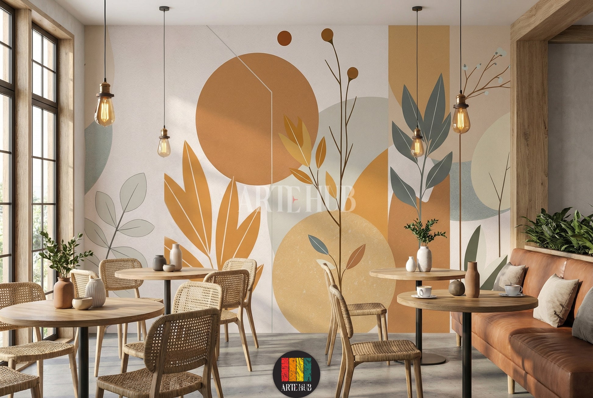 A modern bedroom featuring a serene abstract botanical wallpaper with earthy tones like terracotta, beige, and sage green, depicting large leaves and circular shapes. This elegant wall decor is perfect for contemporary Egyptian homes, adding a calm and sophisticated touch.
غرفة نوم عصرية تتميز بورق حائط نباتي مجرد وهادئ بألوان ترابية مثل الطوبي والبيج والأخضر الزيتي، يصور أوراق شجر كبيرة وأشكال دائرية. هذا الديكور الجداري الأنيق مثالي للمنازل المصرية الحديثة، ويضيف لمسة من الهدوء والرقي.
room: cafe
