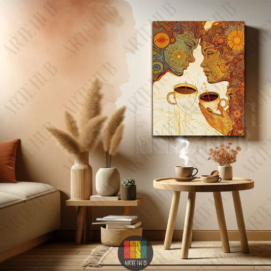 An intricate, colorful canvas wall art showing a stylized man and woman facing each other while holding coffee cups, surrounded by celestial and sun motifs.