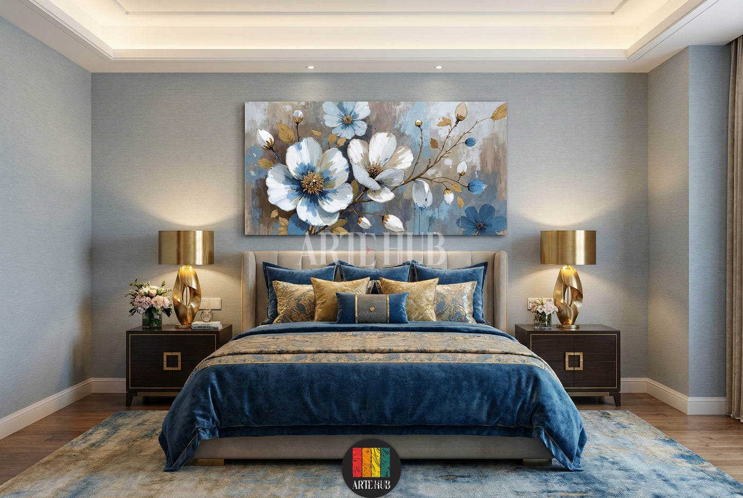 A large horizontal canvas wall art piece featuring elegant blue and white blossoms with gold accents in a luxury modern bedroom interior in Egypt.