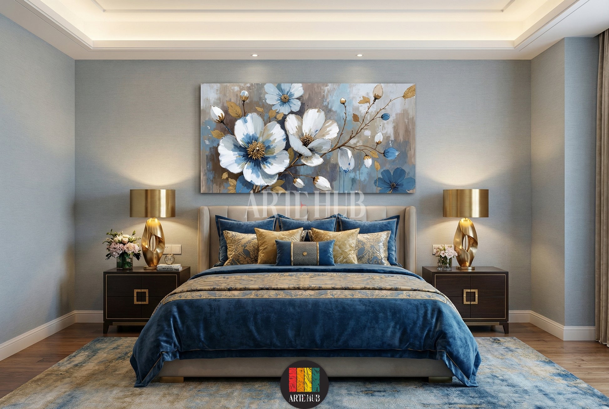A large horizontal canvas wall art piece featuring elegant blue and white blossoms with gold accents in a luxury modern bedroom interior in Egypt.