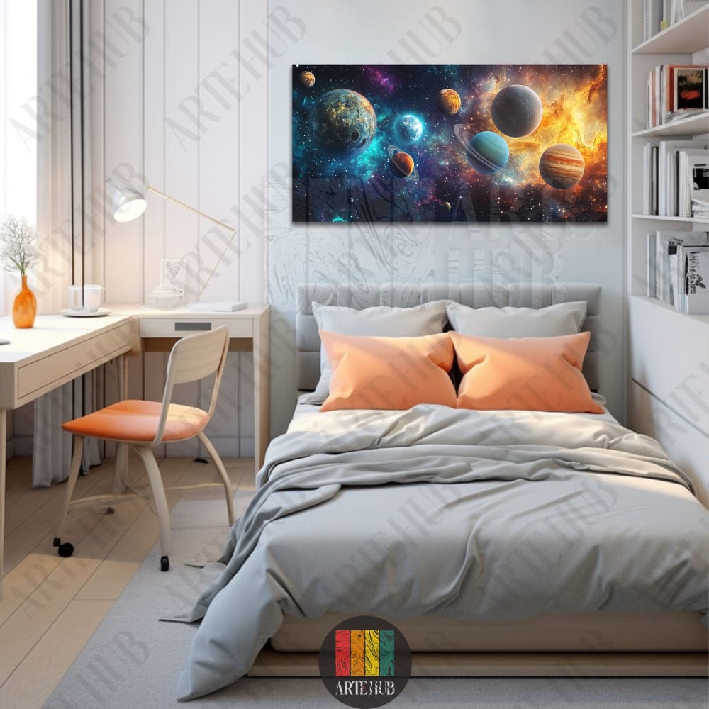 A premium horizontal canvas wall art showcasing a vibrant galactic scene with colorful planets and stellar nebulae, mounted in a modern bedroom setting.