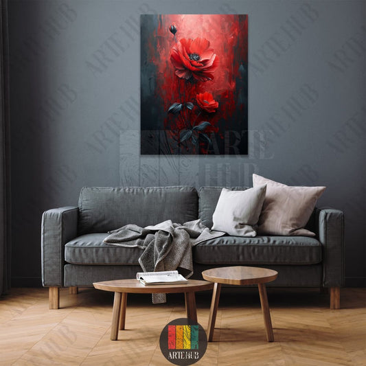 A dramatic and artistic rendering of a vibrant red poppy flower on a dark textured background with red accents, presented as premium canvas wall art in a modern living room setting.