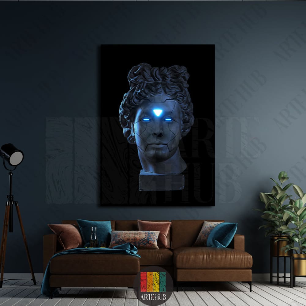 A modern canvas wall art featuring a classical bust with glowing blue cybernetic eyes and a triangular forehead emblem in a dark, luxury room setting in Egypt.