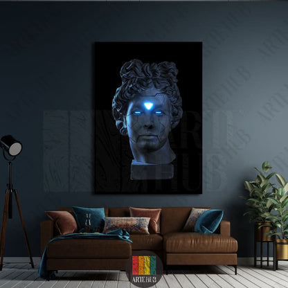 A modern canvas wall art featuring a classical bust with glowing blue cybernetic eyes and a triangular forehead emblem in a dark, luxury room setting in Egypt.