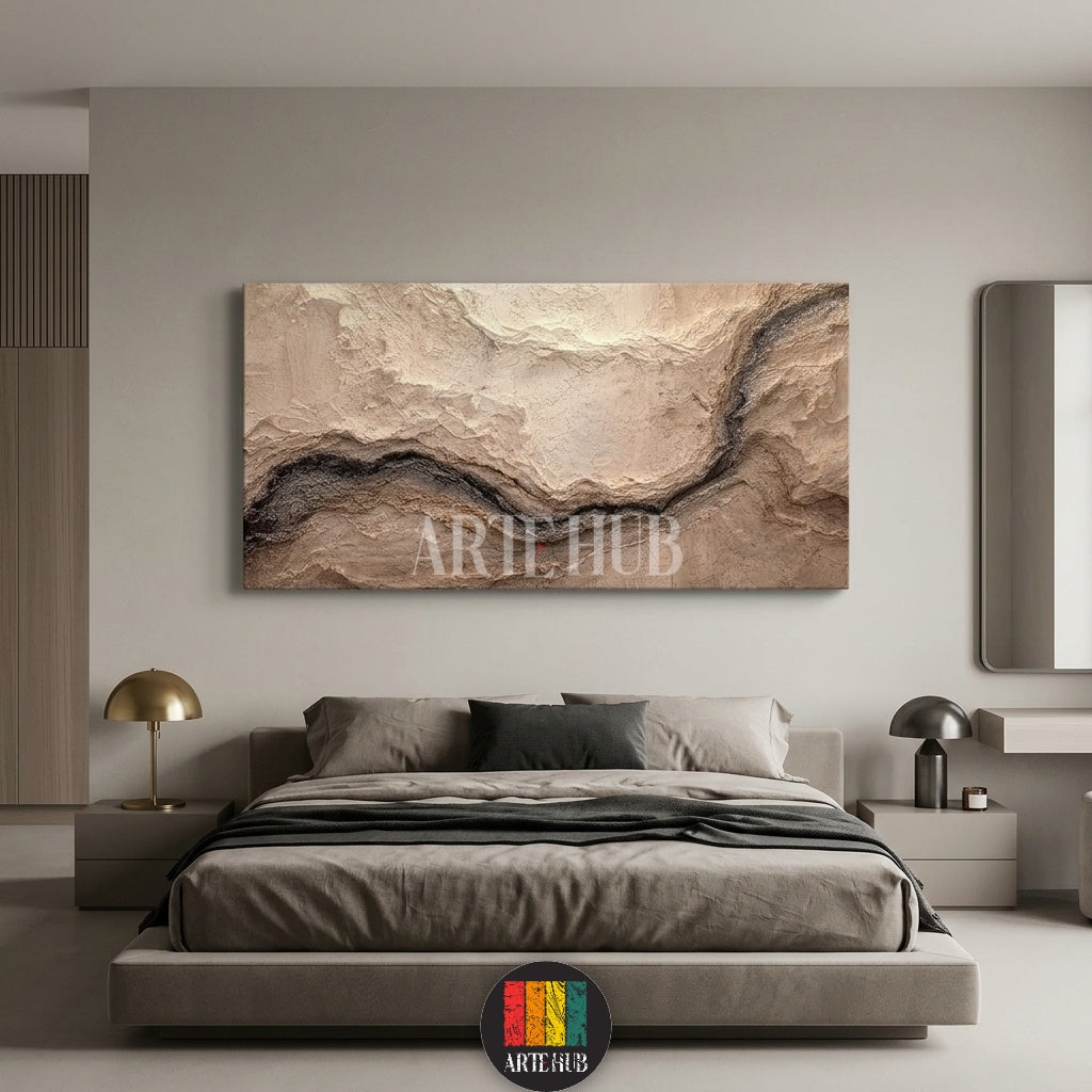 Abstract 3D textured canvas wall art featuring beige and brown geological patterns and a black winding vein above a minimalist bed in Egypt.