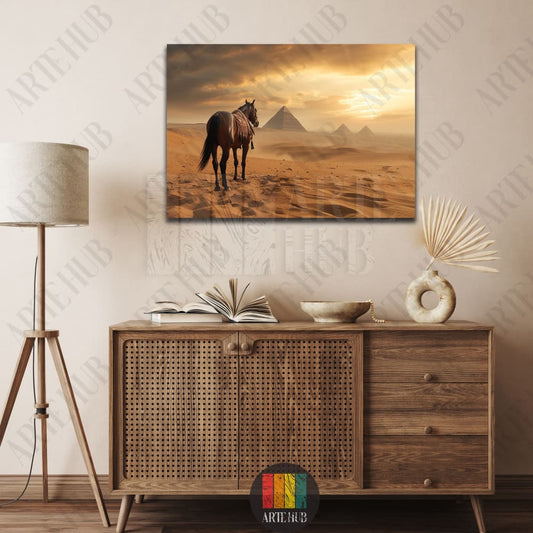 A majestic brown horse standing in the golden desert sands facing the Pyramids of Giza at sunset, premium canvas wall art for luxury home decor in Egypt.