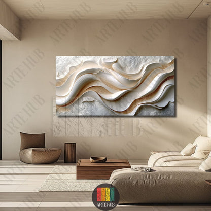 Abstract 3D-style canvas wall art featuring flowing white and gold waves, perfect for modern luxury living room decor in Egypt.